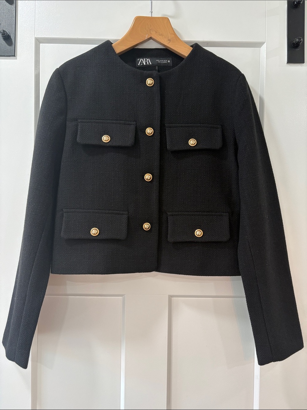Zara Black Tweed Jacket with Gold Buttons Size Medium